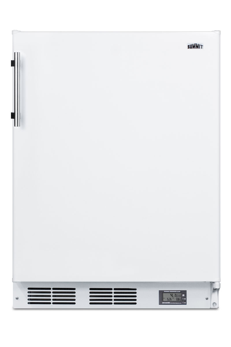 Counter height break room refrigerator-freezer in white with NIST calibrated thermometer and alarm